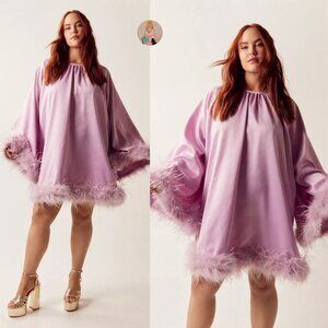 Nasty Gal Feather Trim Satin Swing Dress Lavender Lilac Plus Size 22 RARE & HTF!